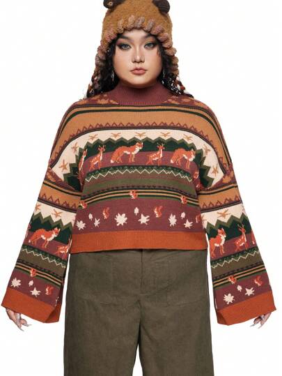 Fairycore Maglione a maniche a campana con motivo volpe su tutto il capo, stile fairy core, per donna taglia grande, adatto per l inverno