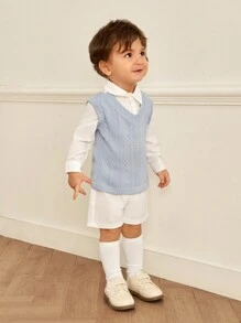 Souflis Souflis 2pcs Baby Boys/Toddlers Formal Classic Elegant Little Gentleman Academy Knitted Cable Vest Shirt Collar Mock Layered Top Shorts Set, White Shirt, Blue Vest, White Trousers