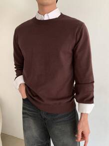 DAZY 1pc Men's Solid Color Round Neck Long Sleeve Casual Sweater, Autumn/Winter - Coffee Brown - View 6
