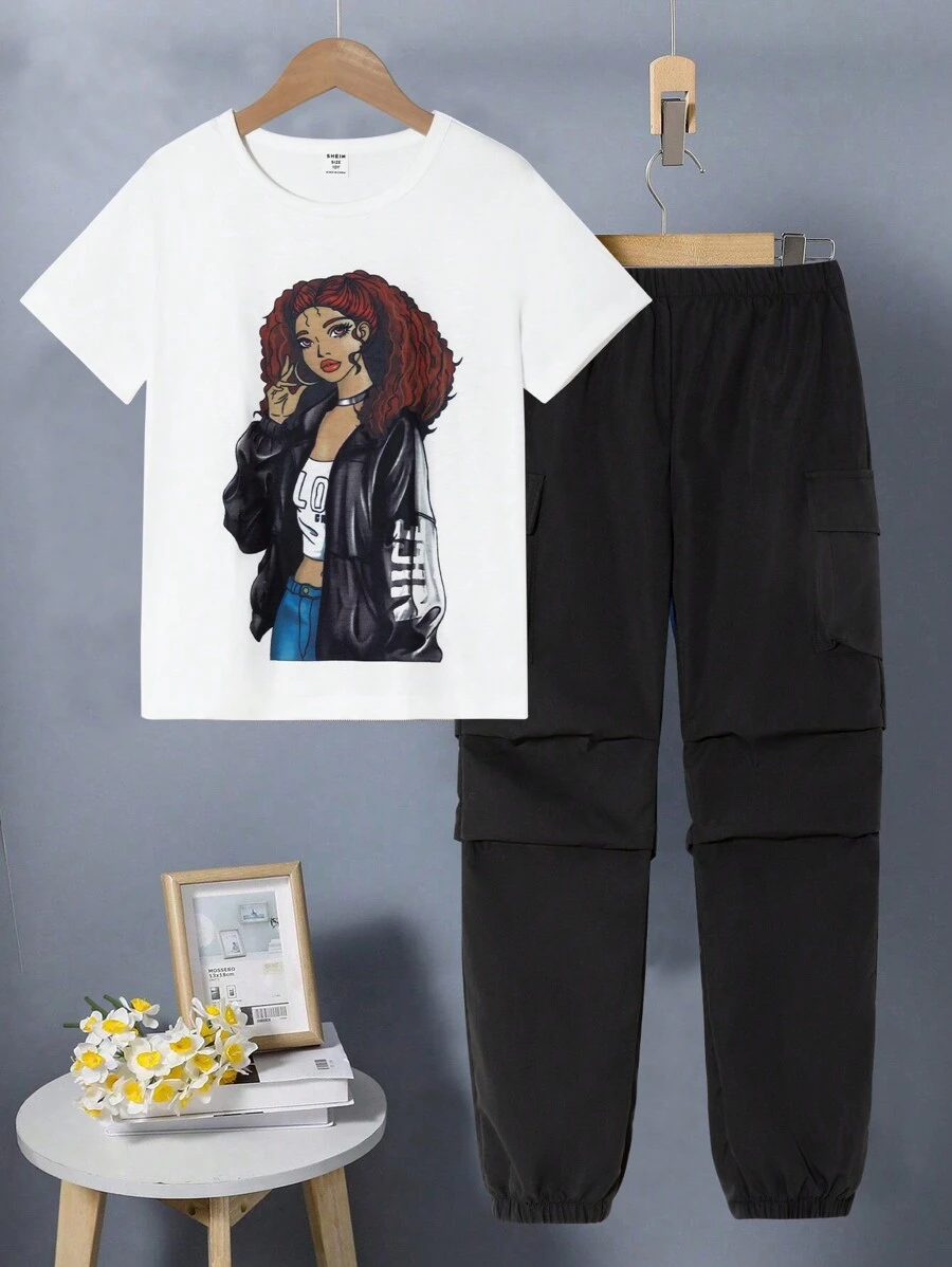 SHEIN 青少年女孩两件套：卡通人物印花圆领短袖 T 恤和工装裤，休闲 - 黑色 - 查看 1