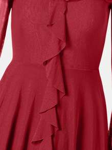 Tween Girls Elegant Off Shoulder Straps Ruffled Mesh Tight Knit Dress - Red - View 6