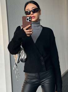 DAZY Design Sense Asymmetric Button V-Neck Knitted Pullover Sweater For Women