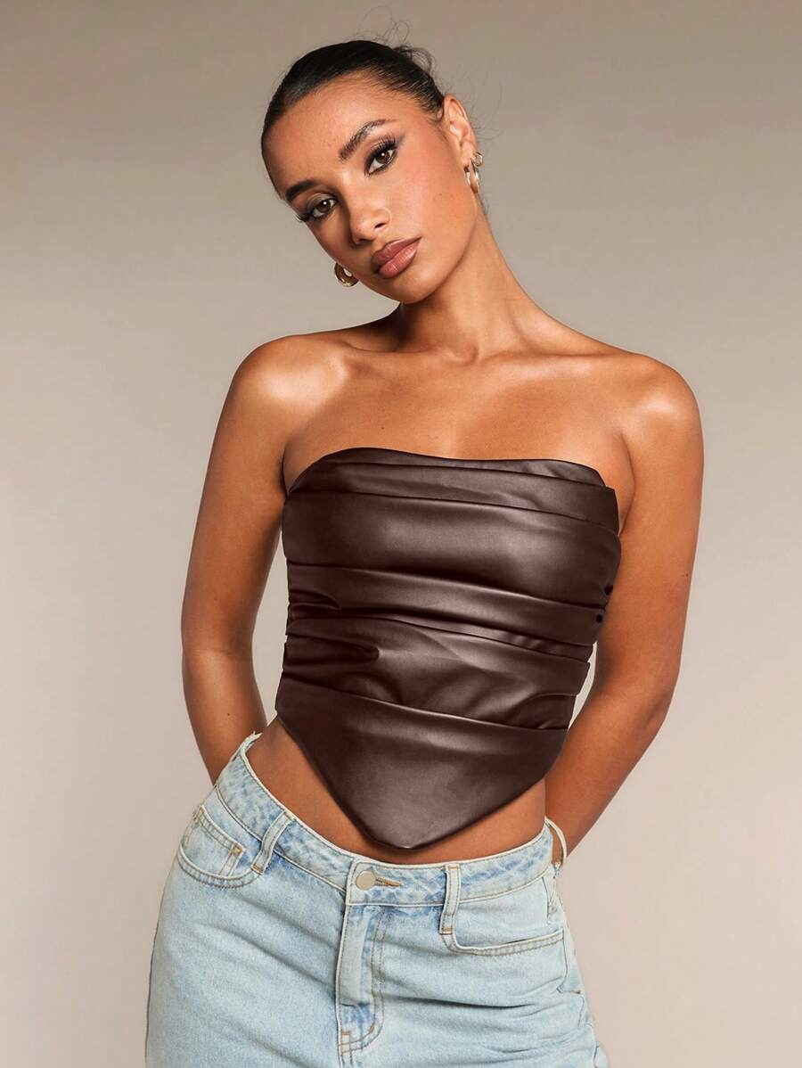SHEIN BAE Top corset de tubo con volantes asimétricamente con dobladillo de mujer para otoño e invierno, disfraz de Halloween - Café integral - Ver 1