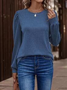 SHEIN Clasi 女式纯色圆领泡泡袖休闲 T 恤，秋季 - 藍色 - 查看 6