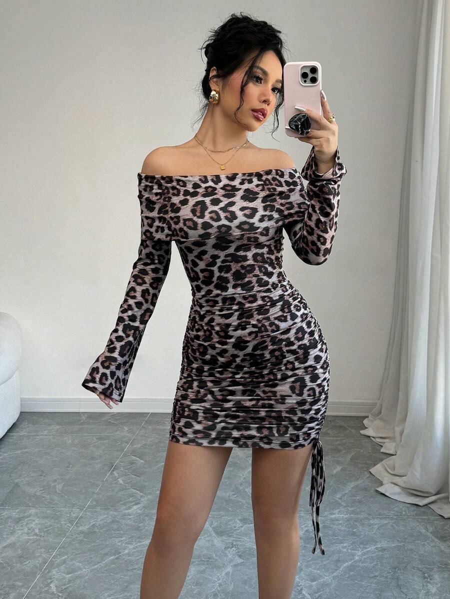 Chiquease Women Off Shoulder Leopard Print Dress (Random Print Cut) - Coffee Brown - View 1