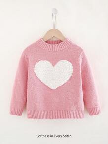 Cozy Pixies Heart Pattern Soft Knitted Crew Neck Long Sleeve Sweater For Young Girls - Pink - View 1