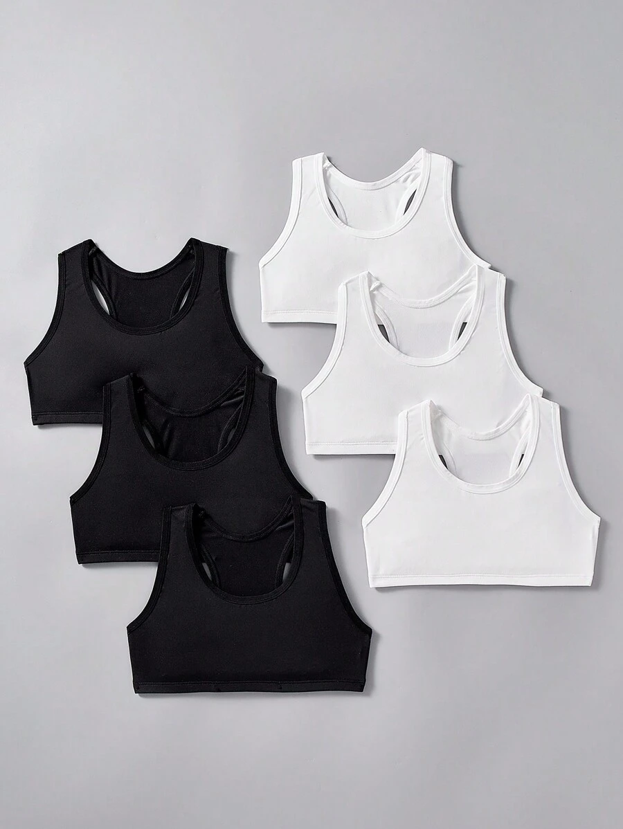 SHEIN Set de 6 sujetadores deportivos tipo espalda de nadador, minimalistas, cómodos y suaves, para niñas preadolescentes - Blanco y Negro - Ver 1