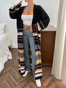 EURMUSE Women Loose Fit Striped Detailed Warm Maxi Long Knit Cardigan - Black - View 4