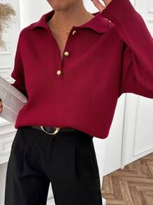 RueChic Women Polo Neck Cool Loose Fit Half Buttoned Sweater - Burgundy - View 1