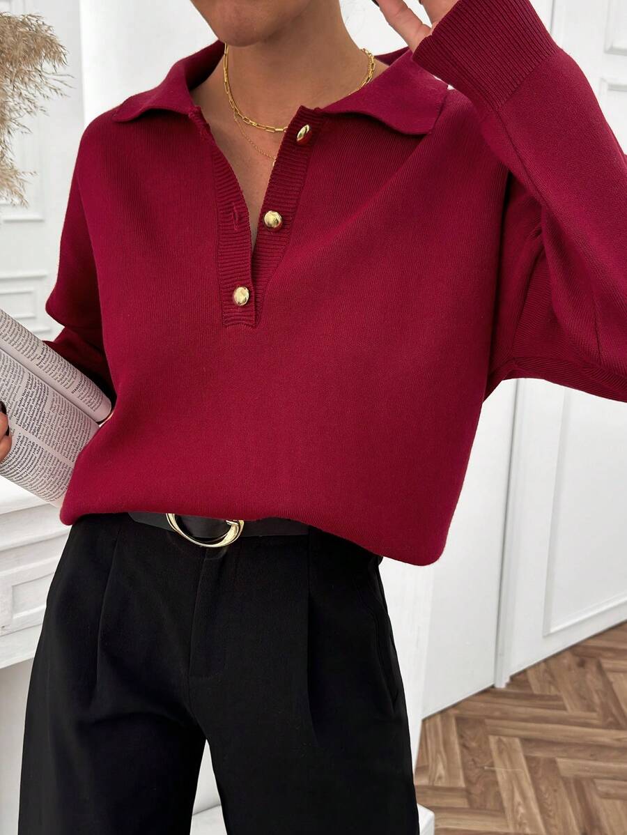 RueChic Women Polo Neck Cool Loose Fit Half Buttoned Sweater - Burgundy - View 1