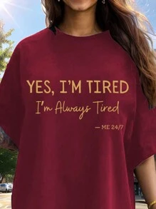 SHEIN LUNE Plus Size Women Letter Print Casual Fashion T-Shirt Dress Burgundy Color Women Outfit, For Summer - Burgundy - View 4