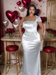 Slaydiva New 2024 Thanksgiving Women Outfit, Plus Size White Slanted Collar Pearl Bow Cocktail Dress, Holiday Clothes, New Year Party Dress
