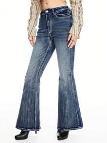 ROMWE Grunge Punk Jeans acampanados de tiro bajo de mujer con estiramiento, decorados con estampado retro de leopardo, bordado y cristales, estilo Y2K de Shibuya - Azul - Ver 4