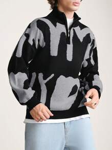 EURMUSE Men Graphic Pattern High Neck Half Zipper Sweater - Dark Grey - View 5
