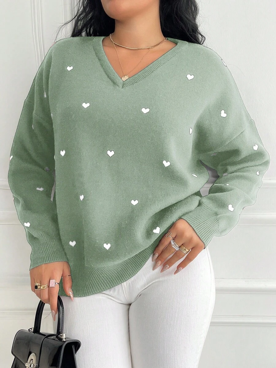 EURMUSE Jersey de punto con cuello en V y estampado de corazón para mujer, tallas grandes, informal y elegante para uso diario en invierno