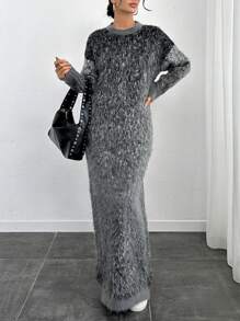 RueChic 毛绒花卉印花长袖宽松针织毛衣连衣裙