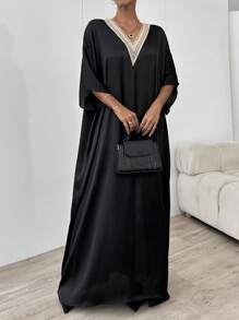 EURMUSE Bohemian Crochet Trim Satin Long Dress - Black - View 5