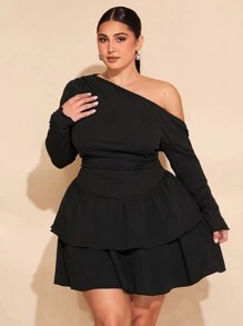 SHEIN BAE Plus Size Curve Women's Black Brushed Warm Asymmetrical One Shoulder Long Sleeve Layered Ruffle Bubble Mini Dress Winter Women Clothes Christmas Women Clothes Thanksgiving Women Outfit Fall Women Clothes Party Women Dresses Sundress Elegant Women Dresses Formal Dress Fall Women Outfits Elegant Dress Birthday Outfit