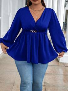 SHEIN CURVE+ Áo sơ mi peplum tay loe cổ chữ V màu xanh cỡ lớn cho nữ - Màu xanh lam - Xem 3