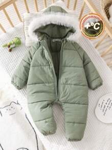 SHEIN 新生儿男女宝宝冬季薄荷绿白撞色仿毛领长袖加厚连体衣，适合做家务、户外活动、雪地玩耍、日常休闲穿着 - 薄荷綠 - 查看 7