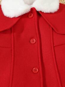 SHEIN 新年和圣诞节女婴婴儿保暖长袖蓬松领中长外套，优雅日常外套，酒红色和红色