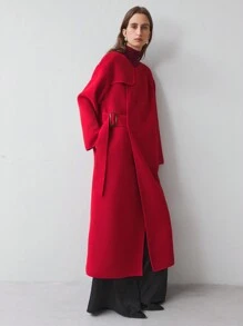 Ontre Women's 2025 Spring New Arrivals Long Round Neck Double-Sided Overcoat, Women Woolen Coat, Double-Faced Fabric Red 50cm Long Fashionable Overcoat, Round Collar Long Sleeve With Real Pockets, Casual Outfit