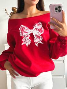 SHEIN EZwear Áo nỉ dày in ren nơ trễ vai rộng rãi thoải mái cho Giáng sinh - Đỏ - Xem 4