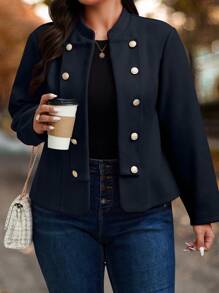 Calvaya Plus Size Casual Solid Color Double Breasted Jacket, Autumn/Winter