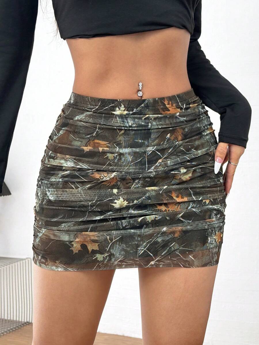 INAWLY Women Sheer Mesh Pleated Drawstring Bodycon Mini Skirt, Autumn - Army Green - View 1