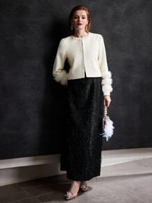 MOTF PREMIUM SOLID FUZZY PANEL FAUX PEARL DETAIL OVERCOAT - Beige - View 4