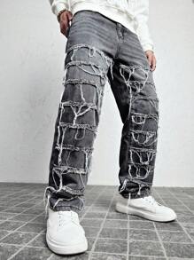 Manfinity LEGND Casual Men Straight Loose Jeans With Frayed Hem And Pockets, Versatile - Grey - View 1
