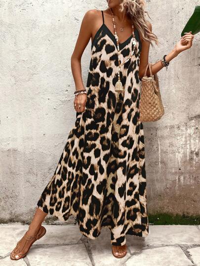 Breezaya Women Leopard Print Sleeveless Dress, Casual Vacation Dress Maxi Vacation Beach Outfit