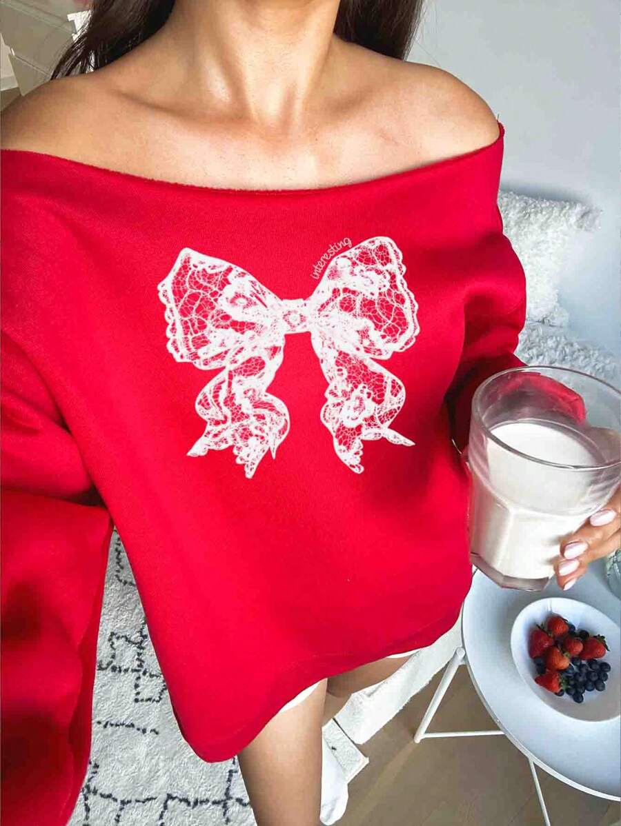 SHEIN EZwear Áo nỉ dày in ren nơ trễ vai rộng rãi thoải mái cho Giáng sinh - Đỏ - Xem 1