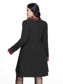 ROMWE Goth 大码女式哥特式蝙蝠领系带拼色 A 字腰连衣裙 - 黑色 - 查看 6