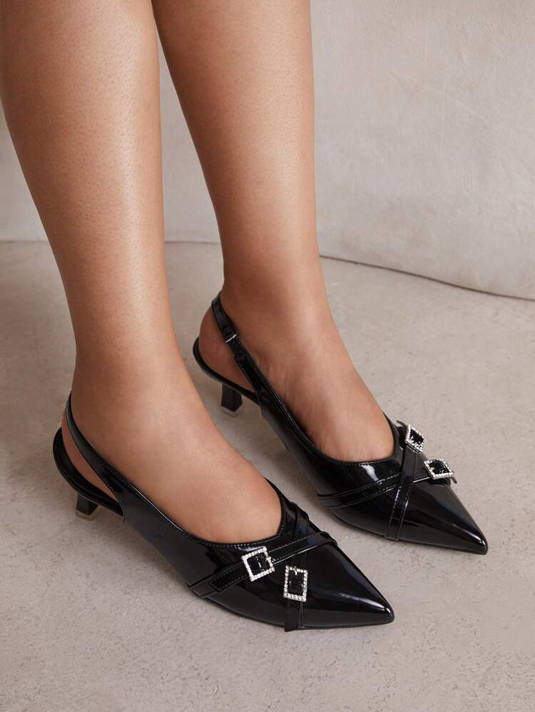 CUCCOO CURVES Wide Width High Heel Pointed Toe Elegant Black Satin Back Strap Year-Round Sandals New Year Holiday Valentines