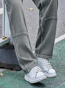 Manfinity Homme Calça jeans masculina reta casual larga com bolsos, moda streetwear da moda - Cinza - Ver 4