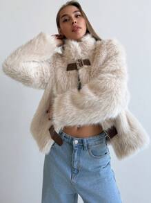 Aloruh Women Stand Collar Fitted Long Sleeve Fluffy Button Apricot Jacket, Warm For Autumn/Winter - Apricot - View 9