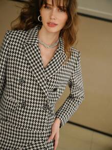 MOTF STUDIO HOUNDSTOOTH PRINT PEAK COLLAR DOUBLE BREASTED PLACKET BLAZER