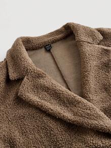 SHEIN Privé Women's Coffee Color Teddy Bear Fleece Long Sleeve Blazer - Coffee Brown - View 4