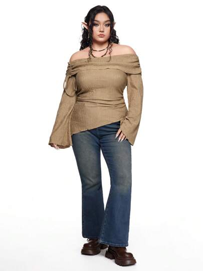 Fairycore Plus Size Off Shoulder Textured Bell Sleeve Solid Color T-Shirt