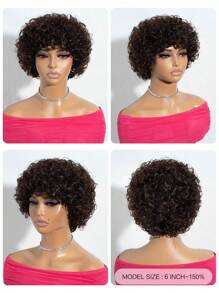 Peluca corta de cabello humano rizado Afro, corte de pelo Pixie, Peluca Afro Kinky Rizada con flequillo, peluca de cabello barata - S4 - Ver 3