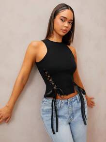 SHEIN SXY 女士纯色系带修身圆领无袖毛衣，优雅 - 黑色 - 查看 1