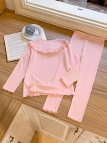 Blossori Young Girls' Elegant French Style Ribbed Pink Ruffle Collar Sweater, Autumn/Winter