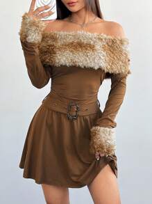 SHEIN Unity Váy trễ vai xếp ly lông cừu Teddy Gradient giản dị cho nữ (Cắt tỉa lông ngẫu nhiên) cho mùa thu/đông - Cà phê - Xem 4