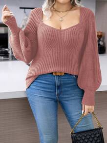 SHEIN LUNE 大码女式纯色心形领插肩长袖休闲套头毛衣，秋冬针织套头衫 - 藕粉色 - 查看 3