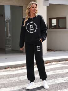 INAWLY 休闲宽松圆领运动衫套装，2 件套 - 黑色 - 查看 6