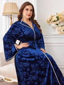 Al Najma New Elegant Arabian Women Plus Size Long Velvet Flower Detailed Ribboned Dress, Elegant Maxi Modest Long Sleeve Jalabiya Arabian Dresses, For Evening Party/Wedding Guest/Anniversary