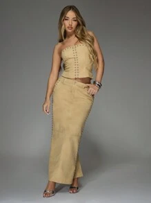 MISSGUIDED Studded Maxi Skirt Western Style High Waisted Long Skirt With Side Pockets Double Row Rivet Detail Floor Length Fall Winter Party Wear - Khaki - View 4