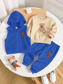 SHEIN 3pcs Baby Boys Autumn/Winter Outfit: Cute Bear Graphic Fuzzy Zip-Up Hooded Jacket, Loose Casual Sweatpants, Solid Color All-Match Crew Neck Pullover Sweatshirt. Suitable For Indoor & Outdoor
