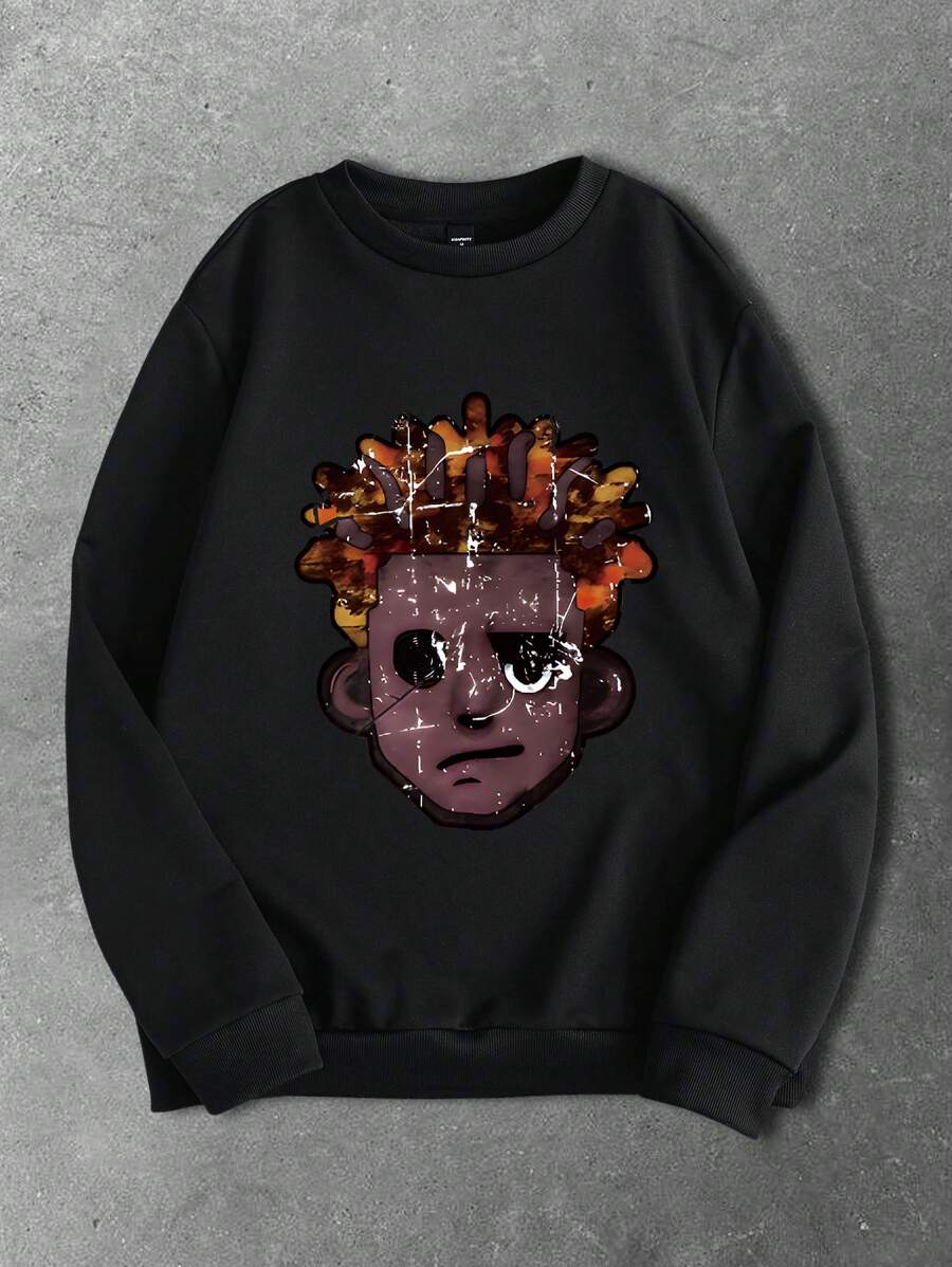 Manfinity EMRG 男士休闲街头潮流卡通人物宽松黑色套头运动衫 - 黑色 - 查看 1